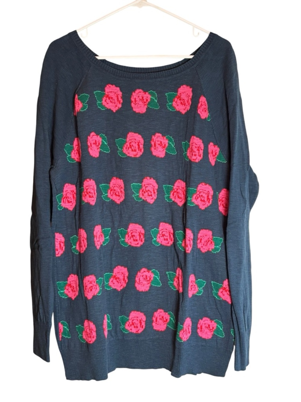 Mossimo 2X Rose Print Sweater Blue Pink Floral Lightweight Cotton Pullover